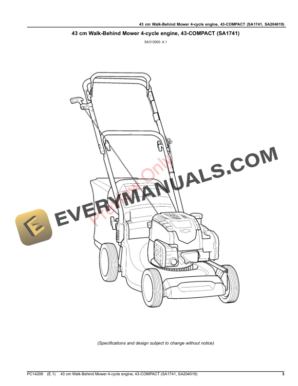 John Deere 43 cm Walk-Behind Mower 4-cycle engine, 43 Parts Catalog PC14206 14OCT20-3