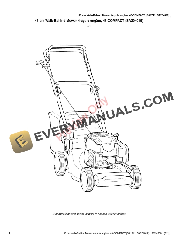 John Deere 43 cm Walk-Behind Mower 4-cycle engine, 43 Parts Catalog PC14206 14OCT20-4