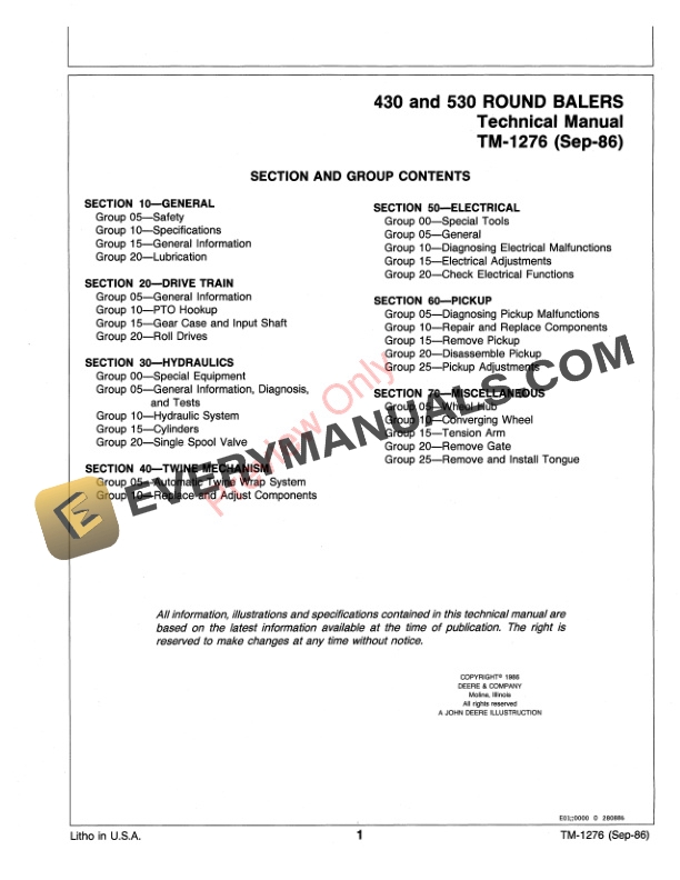 John Deere 430 530 Round Balers Technical Manual TM1276 01SEP86 3