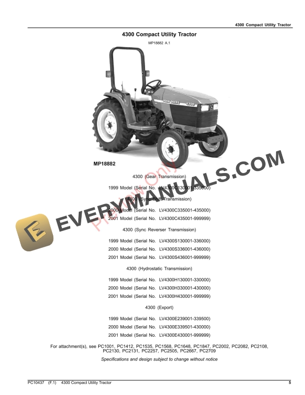 John Deere 4300 COMPACT UTILITY TRACTOR Parts Catalog PC10437 09OCT23 5