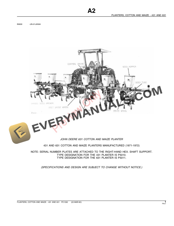 John Deere 431, 631 Cotton and Maize Planters Parts Catalog PC1262 01MAR82-3