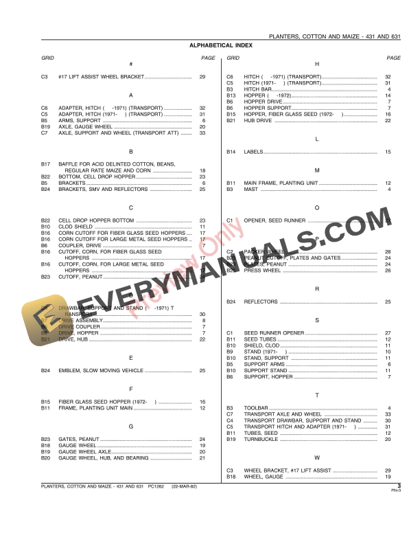 John Deere 431, 631 Cotton and Maize Planters Parts Catalog PC1262 01MAR82-5
