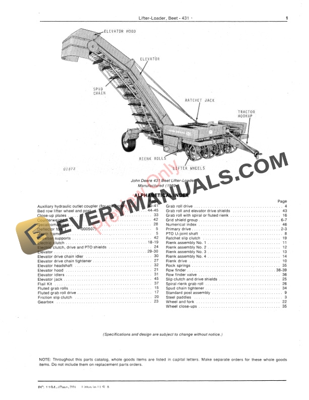 John Deere 431 Beet Lifter Loader Parts Catalog PC1194 01DEC70 3