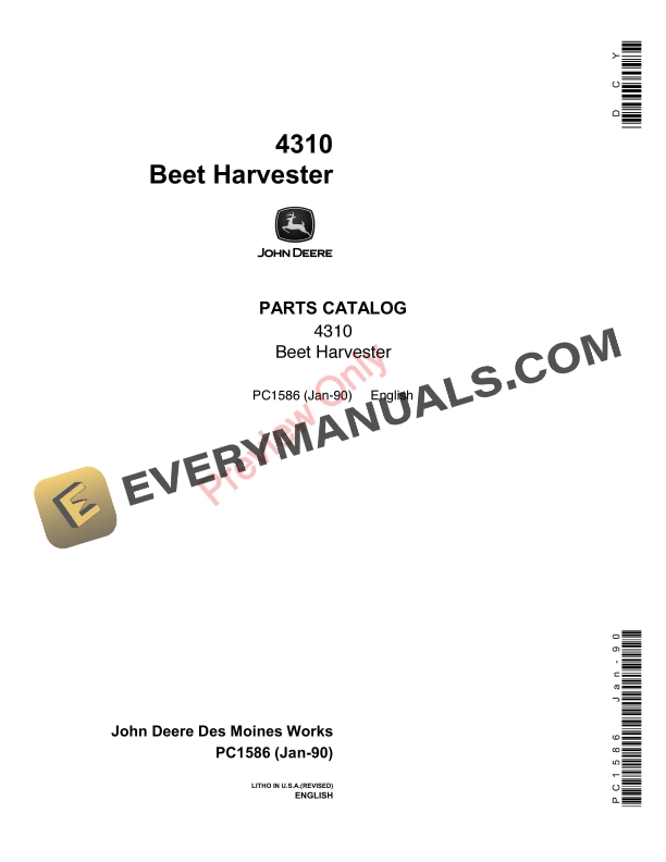 John Deere 4310 Beet Harvester Parts Catalog PC1586 10JAN90-1