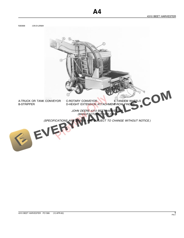 John Deere 4310 Beet Harvester Parts Catalog PC1586 10JAN90-3
