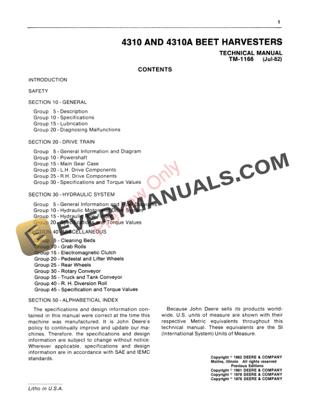 John Deere 4310 Beet Harvster Technical Manual TM1166 01JUL82 3