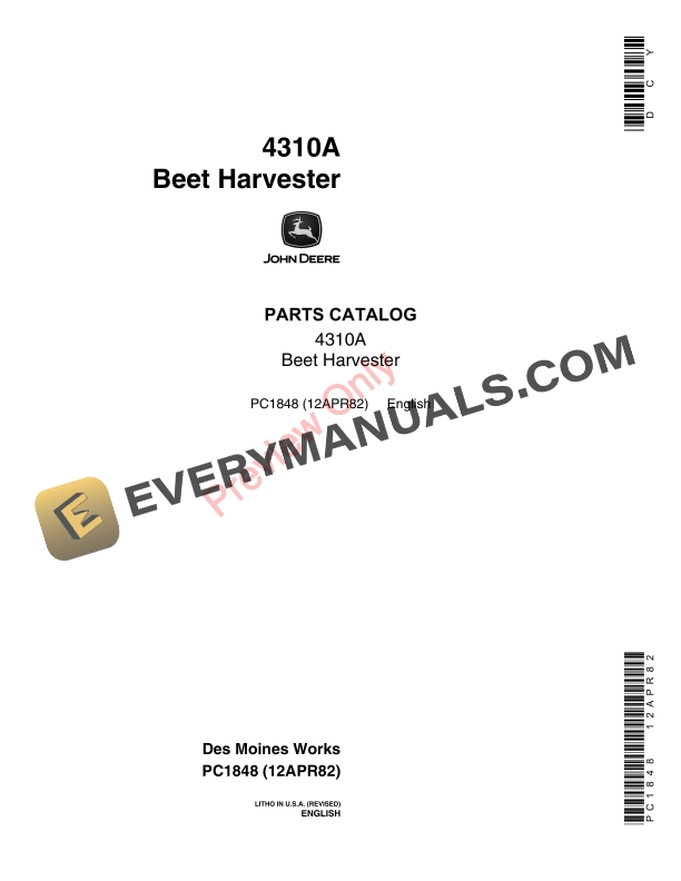 John Deere 4310A Beet Harvester Parts Catalog PC1848 12APR82-1