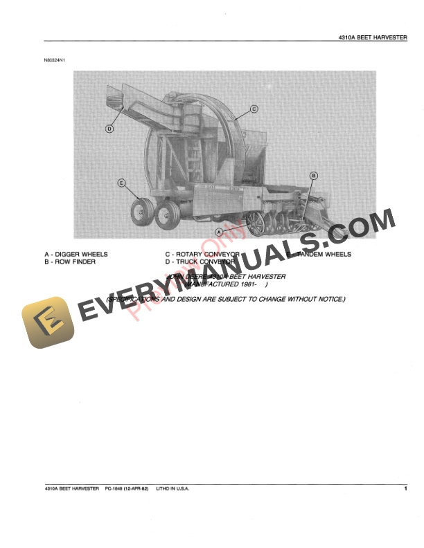 John Deere 4310A Beet Harvester Parts Catalog PC1848 12APR82-3
