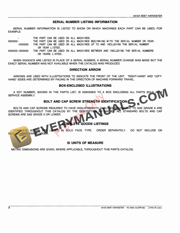 John Deere 4310A Beet Harvester Parts Catalog PC1848 12APR82-4