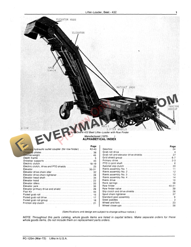 John Deere 432 Beet Lifter-Loader Parts Catalog PC1254 01MAR72-3