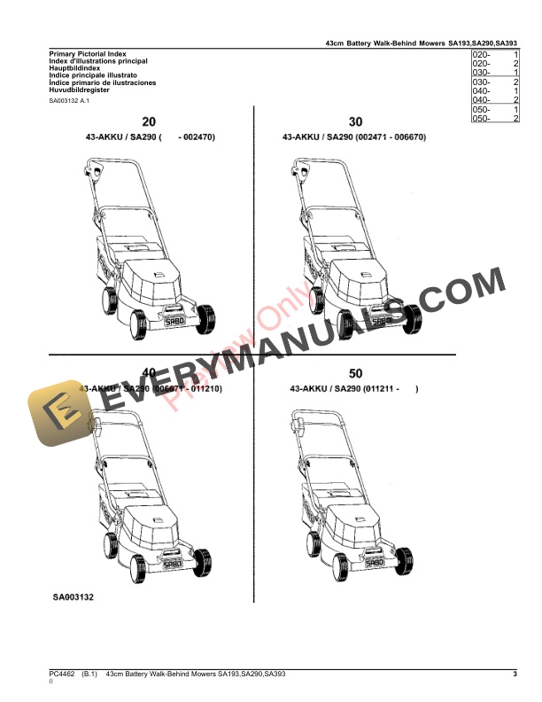 John Deere 43cm Battery Walk-Behind Mowers SA193,SA290,SA393 Parts Catalog PC4462 28DEC16-3