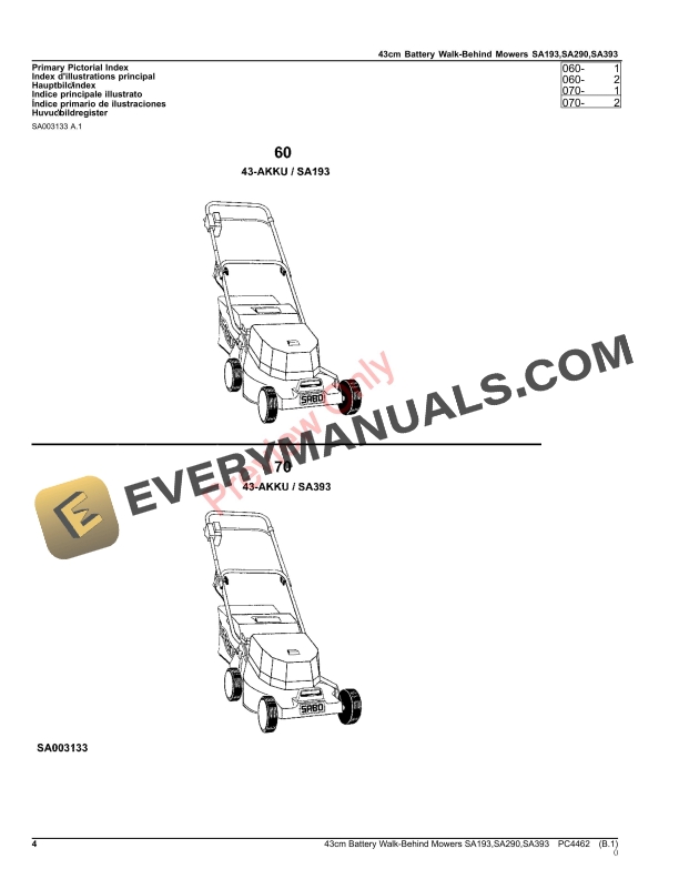 John Deere 43cm Battery Walk-Behind Mowers SA193,SA290,SA393 Parts Catalog PC4462 28DEC16-4