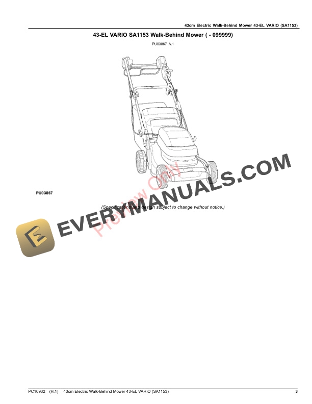 John Deere 43cm Electric Walk Behind Mower 43 EL VARIO SA1153 Parts Catalog PC10932 27FEB19 3