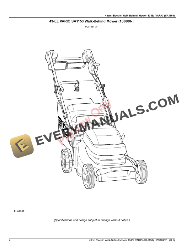 John Deere 43cm Electric Walk Behind Mower 43 EL VARIO SA1153 Parts Catalog PC10932 27FEB19 4