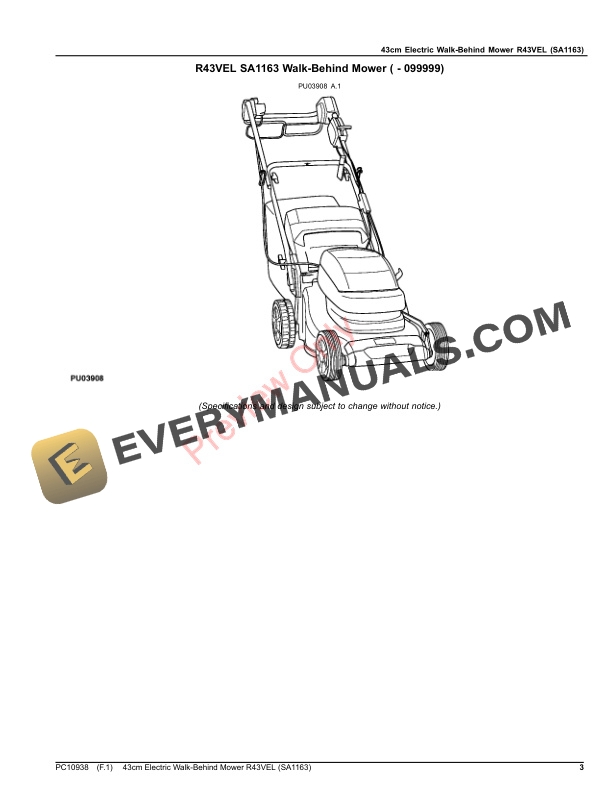 John Deere 43cm Electric Walk-Behind Mower R43VEL (SA1163) Parts Catalog PC10938 27FEB19 4 John Deere 43cm Electric Walk Behind Mower R43VEL SA1163 Parts Catalog PC10938 27FEB19 3