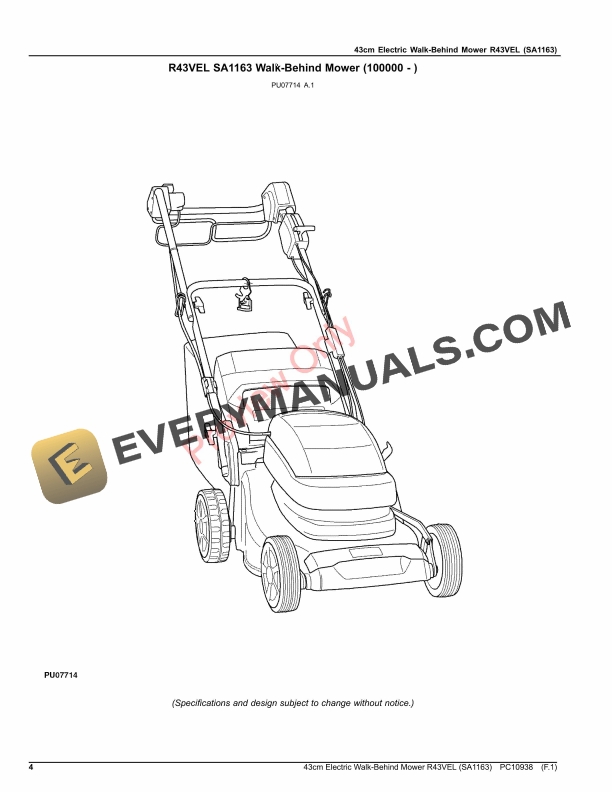 John Deere 43cm Electric Walk-Behind Mower R43VEL (SA1163) Parts Catalog PC10938 27FEB19 5 John Deere 43cm Electric Walk Behind Mower R43VEL SA1163 Parts Catalog PC10938 27FEB19 4