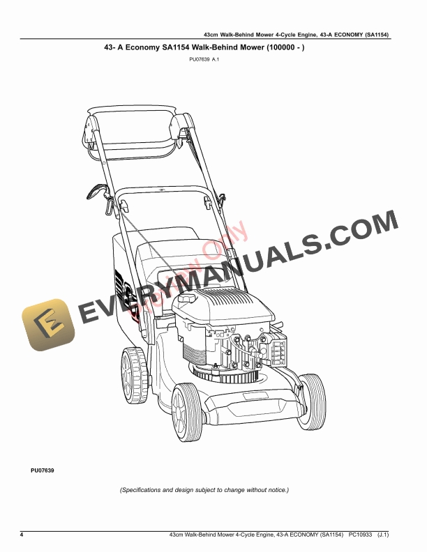 John Deere 43cm Walk Behind Mower 4 Cycle Engine 43 Parts Catalog PC10933 17JUL20 4