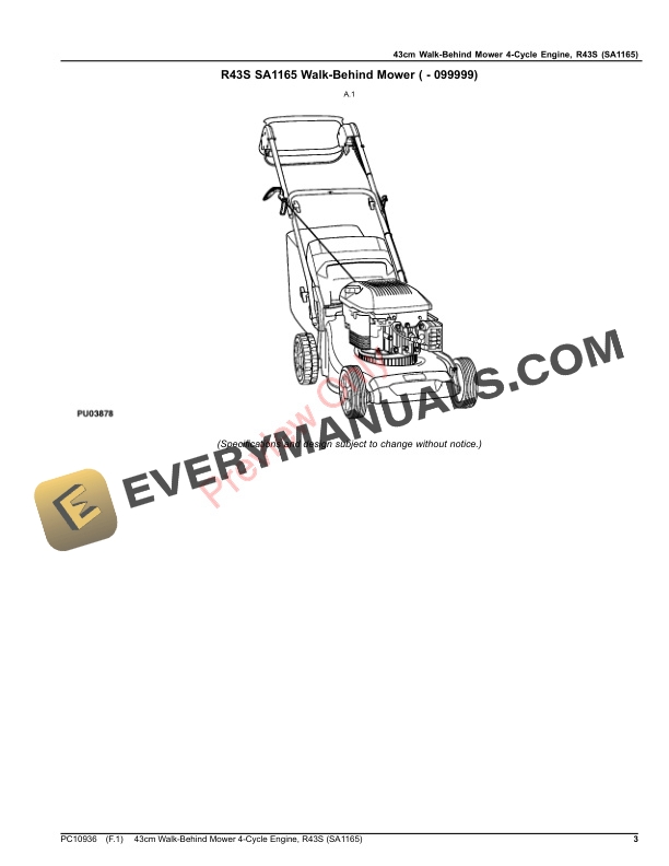 John Deere 43cm Walk-Behind Mower 4-Cycle Engine, R43S (SA1165) Parts Catalog PC10936 24JUL20 4 John Deere 43cm Walk Behind Mower 4 Cycle Engine R43S SA1165 Parts Catalog PC10936 24JUL20 3