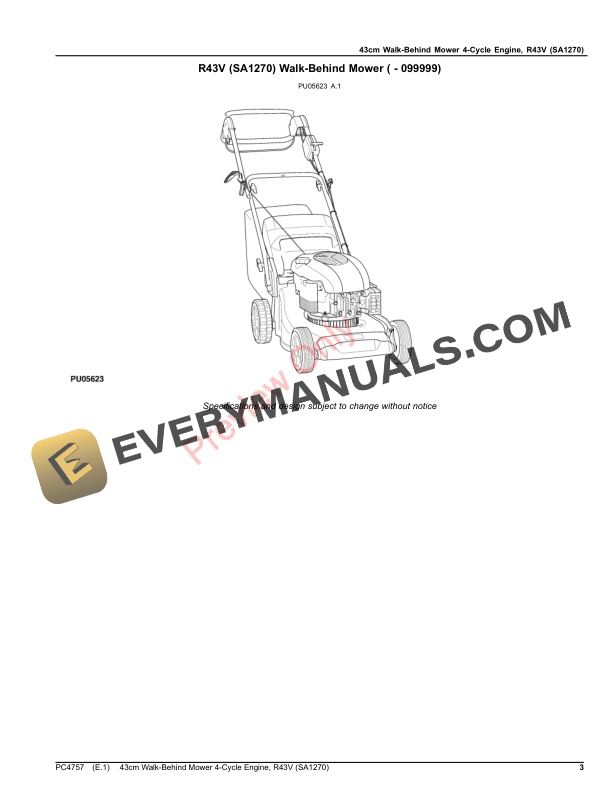 John Deere 43cm Walk-Behind Mower 4-Cycle Engine, R43V (SA1270) Parts Catalog PC4757 30DEC19-3