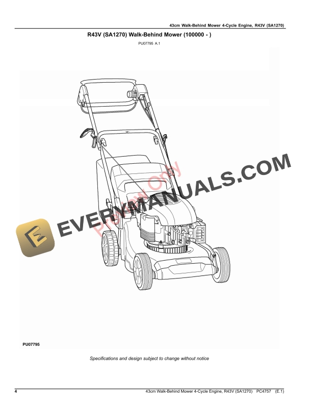John Deere 43cm Walk-Behind Mower 4-Cycle Engine, R43V (SA1270) Parts Catalog PC4757 30DEC19-4