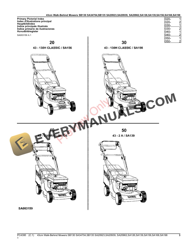 John Deere 43cm Walk-Behind Mowers 2-Cycle Engine SB130 SA34704,SB135 SA20923,SA20939,SA20962,SA126,SA139,SA Parts Catalog PC4395 03OCT16-3