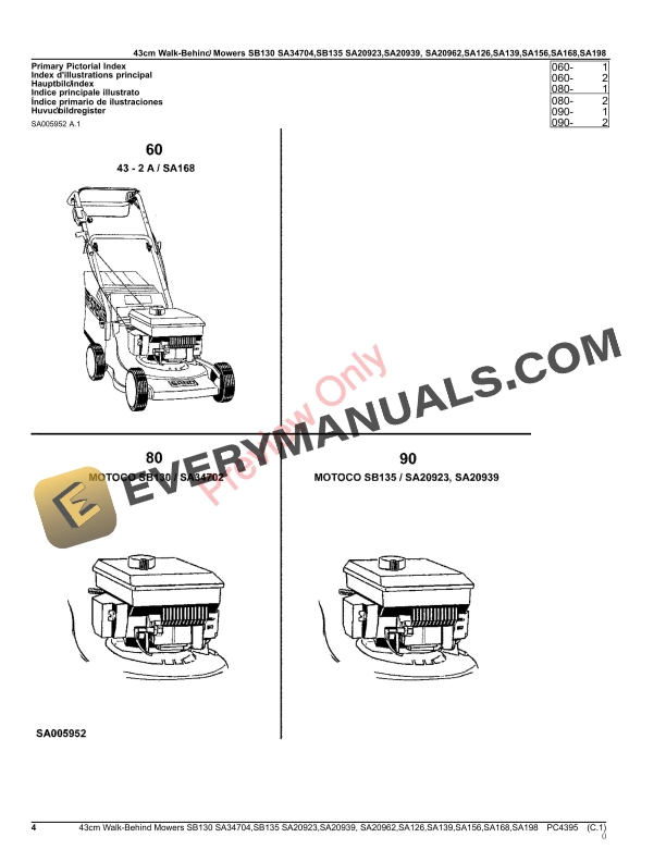 John Deere 43cm Walk-Behind Mowers 2-Cycle Engine SB130 SA34704,SB135 SA20923,SA20939,SA20962,SA126,SA139,SA Parts Catalog PC4395 03OCT16-4