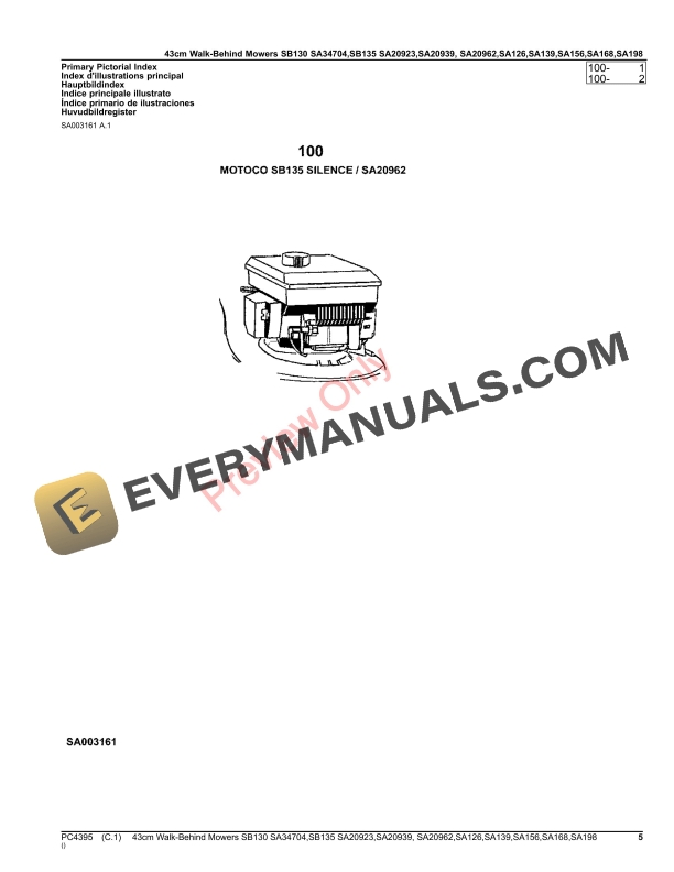 John Deere 43cm Walk-Behind Mowers 2-Cycle Engine SB130 SA34704,SB135 SA20923,SA20939,SA20962,SA126,SA139,SA Parts Catalog PC4395 03OCT16-5