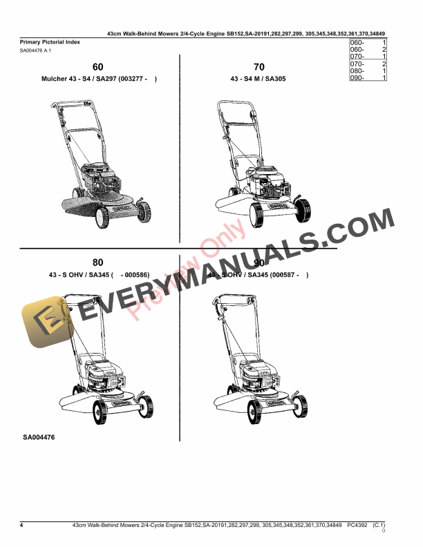 John Deere 43cm Walk-Behind Mowers 24-Cycle Engine SB152,SA20191,SA282,SA297,SA299,SA305,SA345,SA348,SA352, Parts Catalog PC4392 03OCT16 5 John Deere 43cm Walk-Behind Mowers 24-Cycle Engine SB152,SA20191,SA282,SA297,SA299,SA305,SA345,SA348,SA352, Parts Catalog PC4392 03OCT16-4