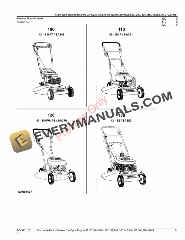 John Deere 43cm Walk-Behind Mowers 24-Cycle Engine SB152,SA20191,SA282,SA297,SA299,SA305,SA345,SA348,SA352, Parts Catalog PC4392 03OCT16 6 John Deere 43cm Walk-Behind Mowers 24-Cycle Engine SB152,SA20191,SA282,SA297,SA299,SA305,SA345,SA348,SA352, Parts Catalog PC4392 03OCT16-5