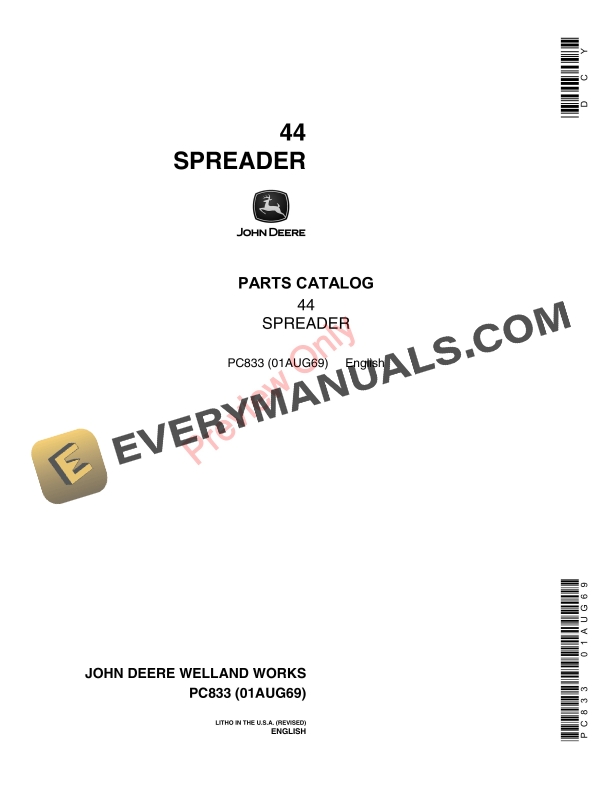 John Deere 44 Manure Spreader Parts Catalog PC833 01AUG69-1