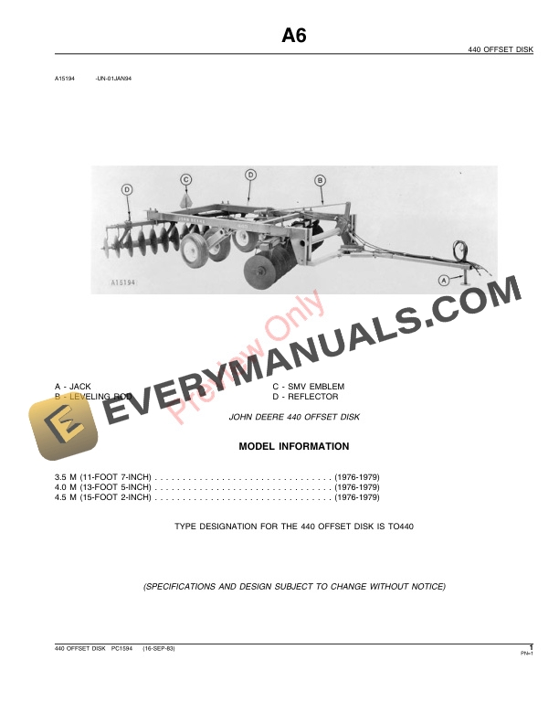 John Deere 440 Offset Disk Parts Catalog PC1594 13AUG99-3