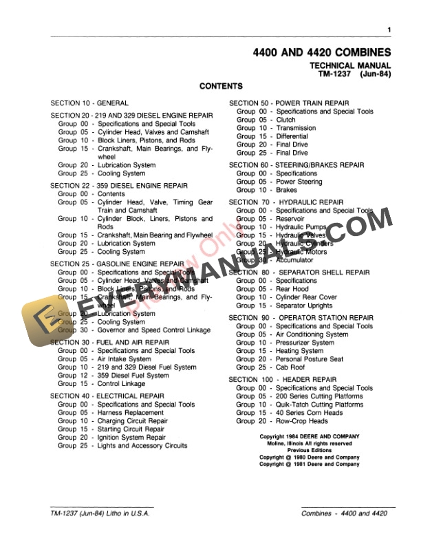 John Deere 4400 4420 Combines Technical Manual TM1237 01JUN84 3