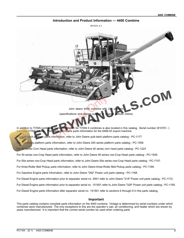 John Deere 4400 COMBINE Parts Catalog PC1164 26APR21 4 John Deere 4400 COMBINE Parts Catalog PC1164 26APR21 3