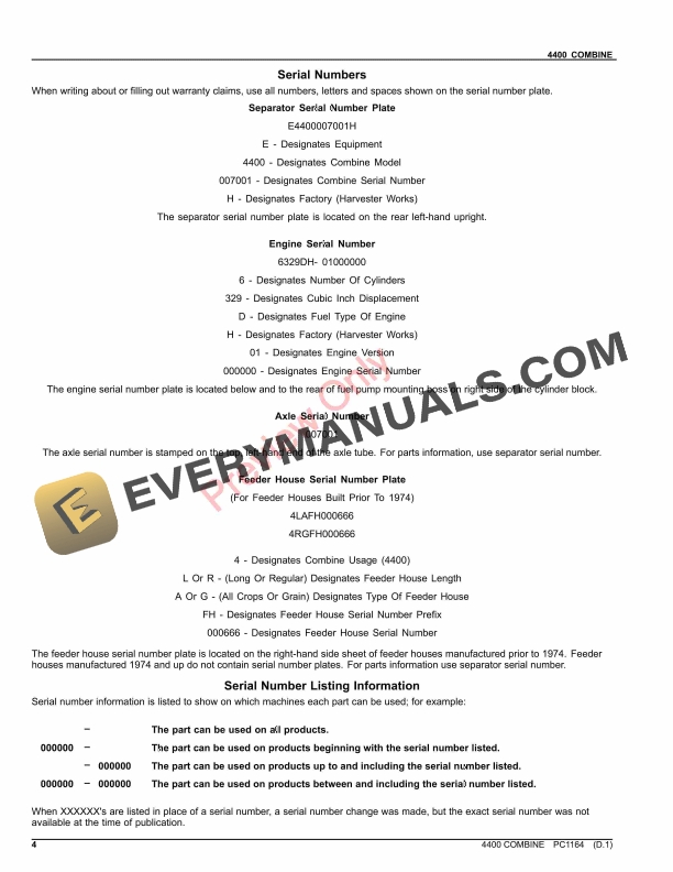 John Deere 4400 COMBINE Parts Catalog PC1164 26APR21 5 John Deere 4400 COMBINE Parts Catalog PC1164 26APR21 4