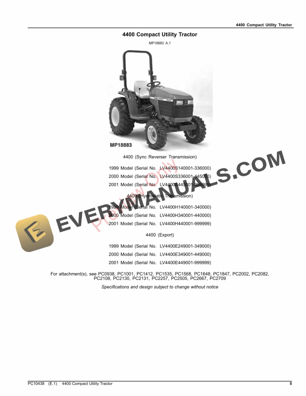 John Deere 4400 COMPACT UTILITY TRACTOR Parts Catalog PC10438 09OCT23 5