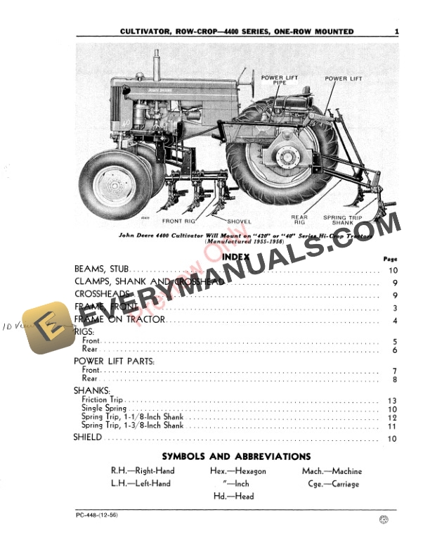 John Deere 4400 Series Row Crop Cultivator Parts Catalog PC448 01DEC56-3