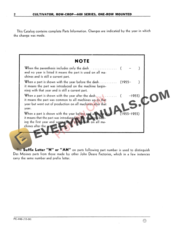 John Deere 4400 Series Row Crop Cultivator Parts Catalog PC448 01DEC56-4