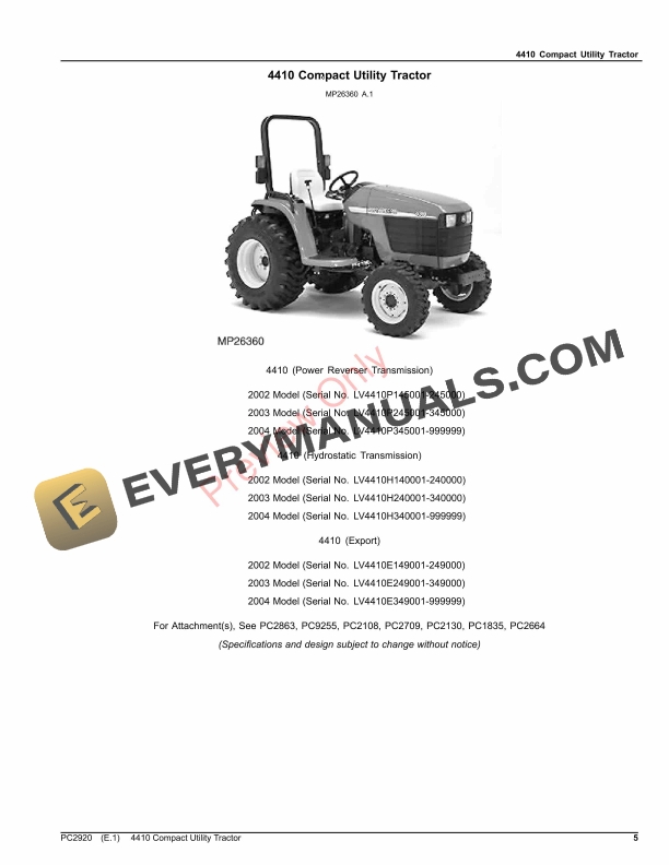 John Deere 4410 COMPACT UTILITY TRACTOR Parts Catalog PC2920 09OCT23-5