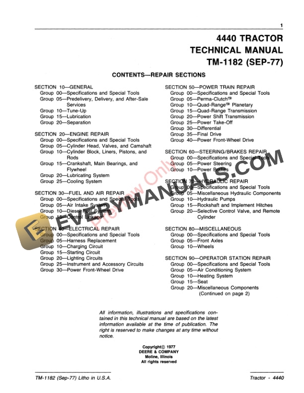 John Deere 4440 ROW CROP TRACTOR Technical Manual TM1182 01SEP77 3
