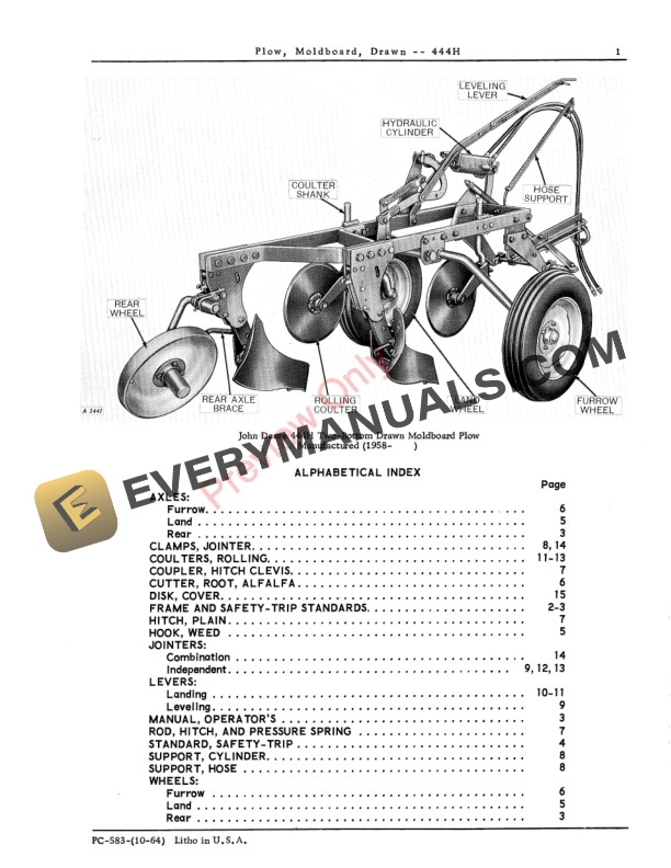 John Deere 444H Moldboard Plow, Drawn Parts Catalog PC583 01OCT64-3