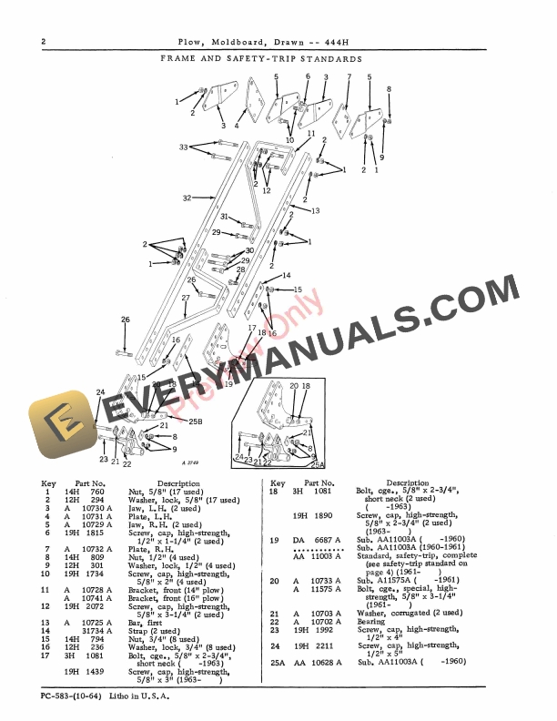 John Deere 444H Moldboard Plow, Drawn Parts Catalog PC583 01OCT64-4