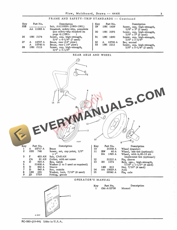 John Deere 444H Moldboard Plow, Drawn Parts Catalog PC583 01OCT64-5