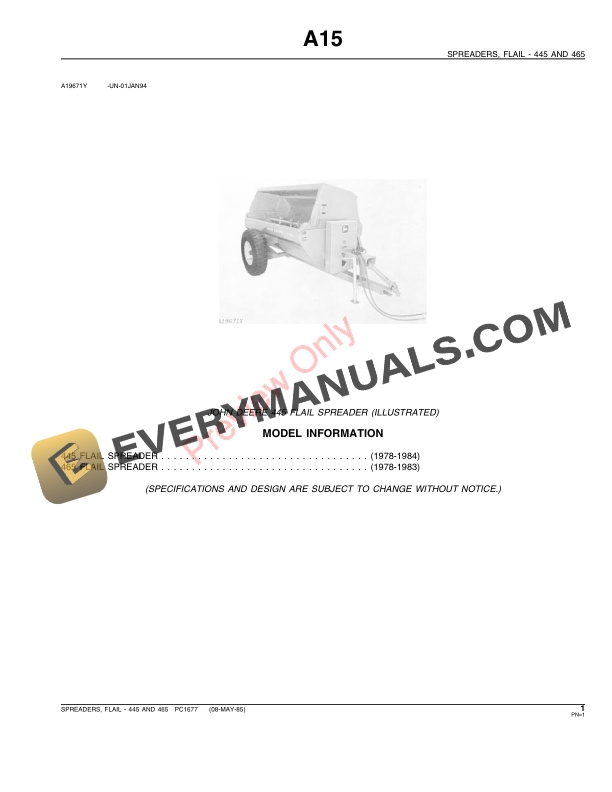 John Deere 445, 465 Flail Spreaders Parts Catalog PC1677 08MAY85-3