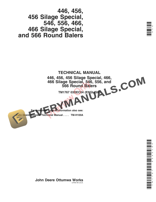 John Deere 446 456 456S 546 556 466 466S 566 Round Balers Technical Manual TM1767 03DEC04 PDF