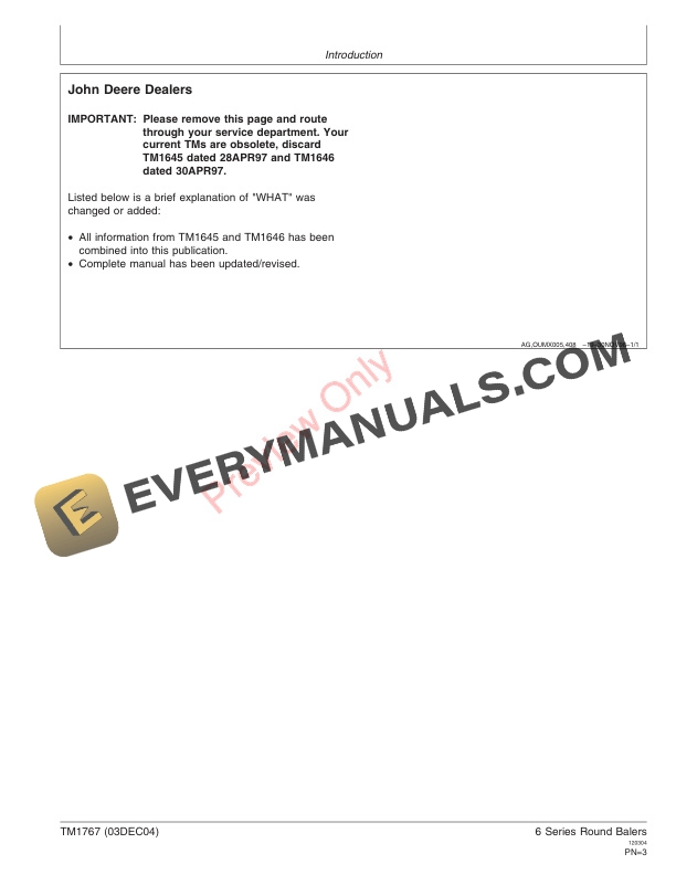 John Deere 446 456 456S 546 556 466 466S 566 Round Balers Technical Manual TM1767 03DEC04 3