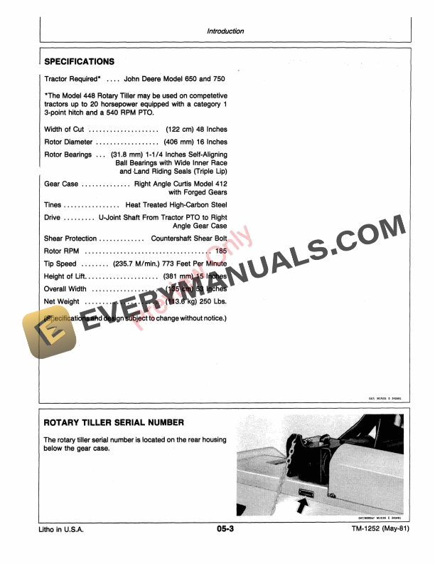 John Deere 448 TRACTOR-MOUNTED TILLER Technical Manual TM1252 01MAY81 6 John Deere 448 TRACTOR MOUNTED TILLER Technical Manual TM1252 01MAY81 5