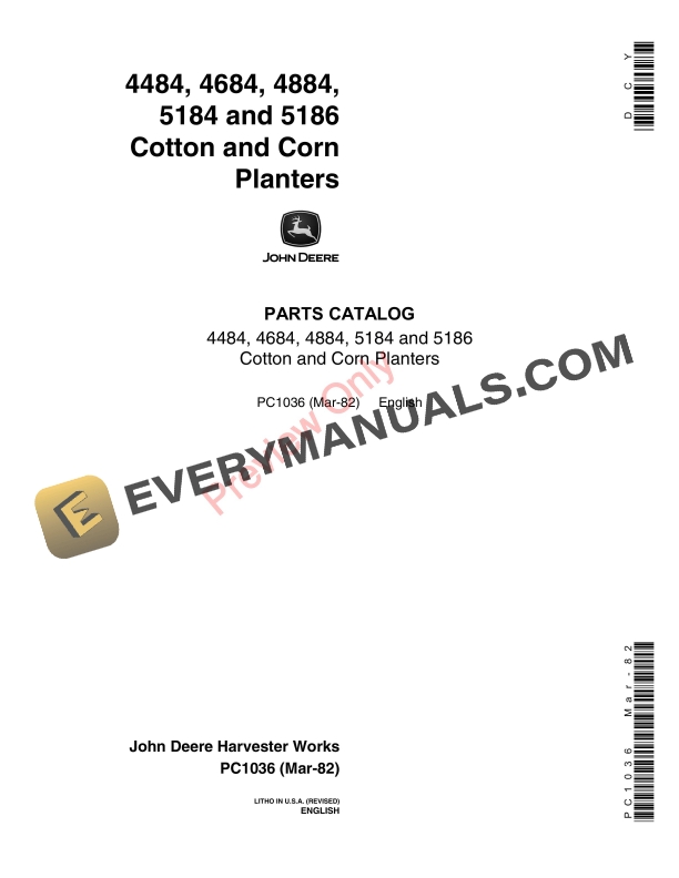 John Deere 4484, 4684, 4884, 5184, 5186 Cotton and Corn Planters Parts Catalog PC1036 23MAR82-1