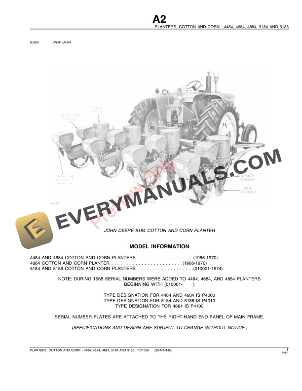 John Deere 4484 4684 4884 5184 5186 Cotton and Corn Planters Parts Catalog PC1036 23MAR82 3