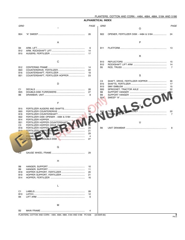John Deere 4484 4684 4884 5184 5186 Cotton and Corn Planters Parts Catalog PC1036 23MAR82 5