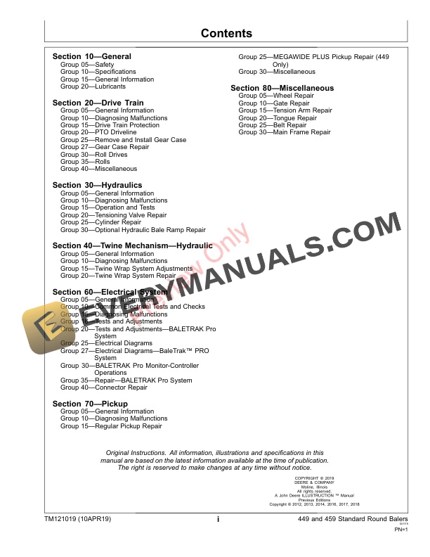 John Deere 449 and 459 Standard Round Balers Technical Manual TM121019 10APR19 3